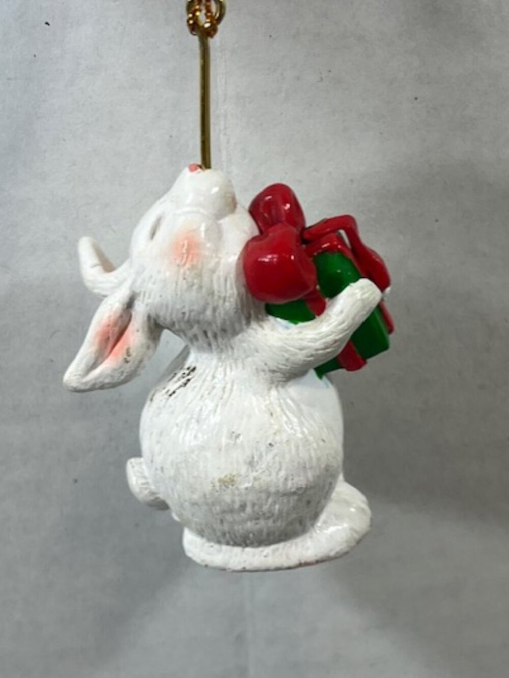VTG White Christmas Rabbit Tree Ornament Holding Present Holiday Decor1.5"x2.25"